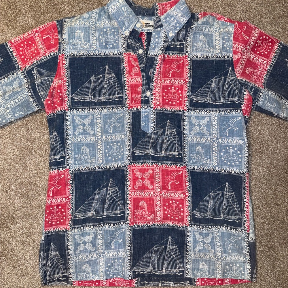 Reyn Spooner Red Blue Ship Nautical Patchwork Hawaiian Shirt Small S